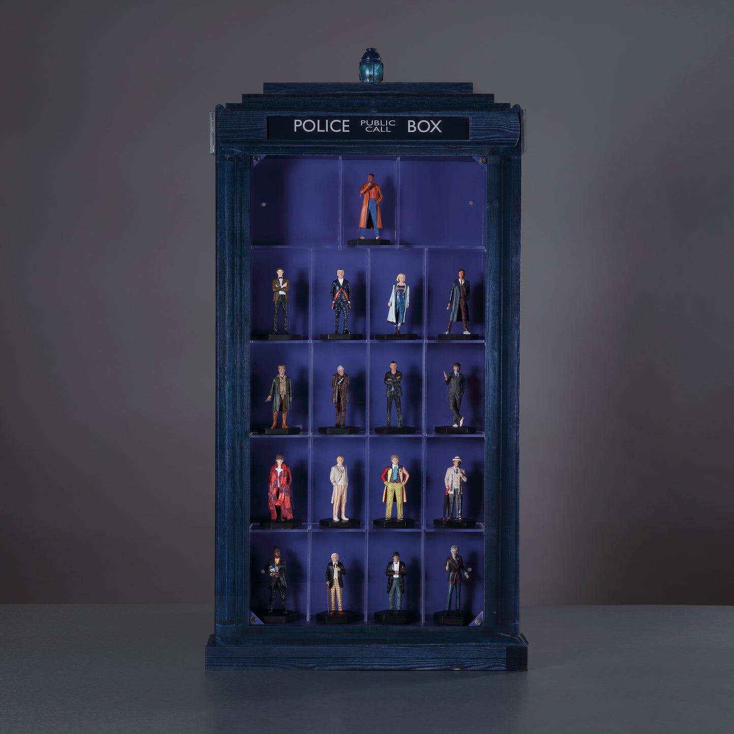 TARDIS Display Case with Figurines of 17 Doctors