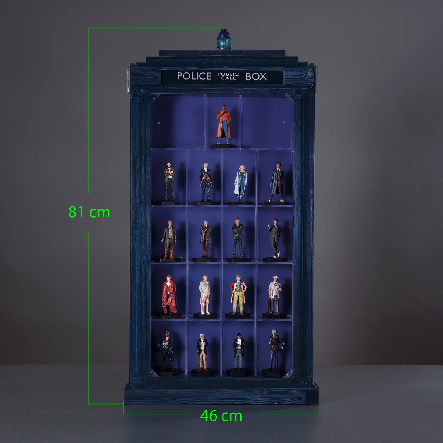 TARDIS Display Case with Figurines of 17 Doctors